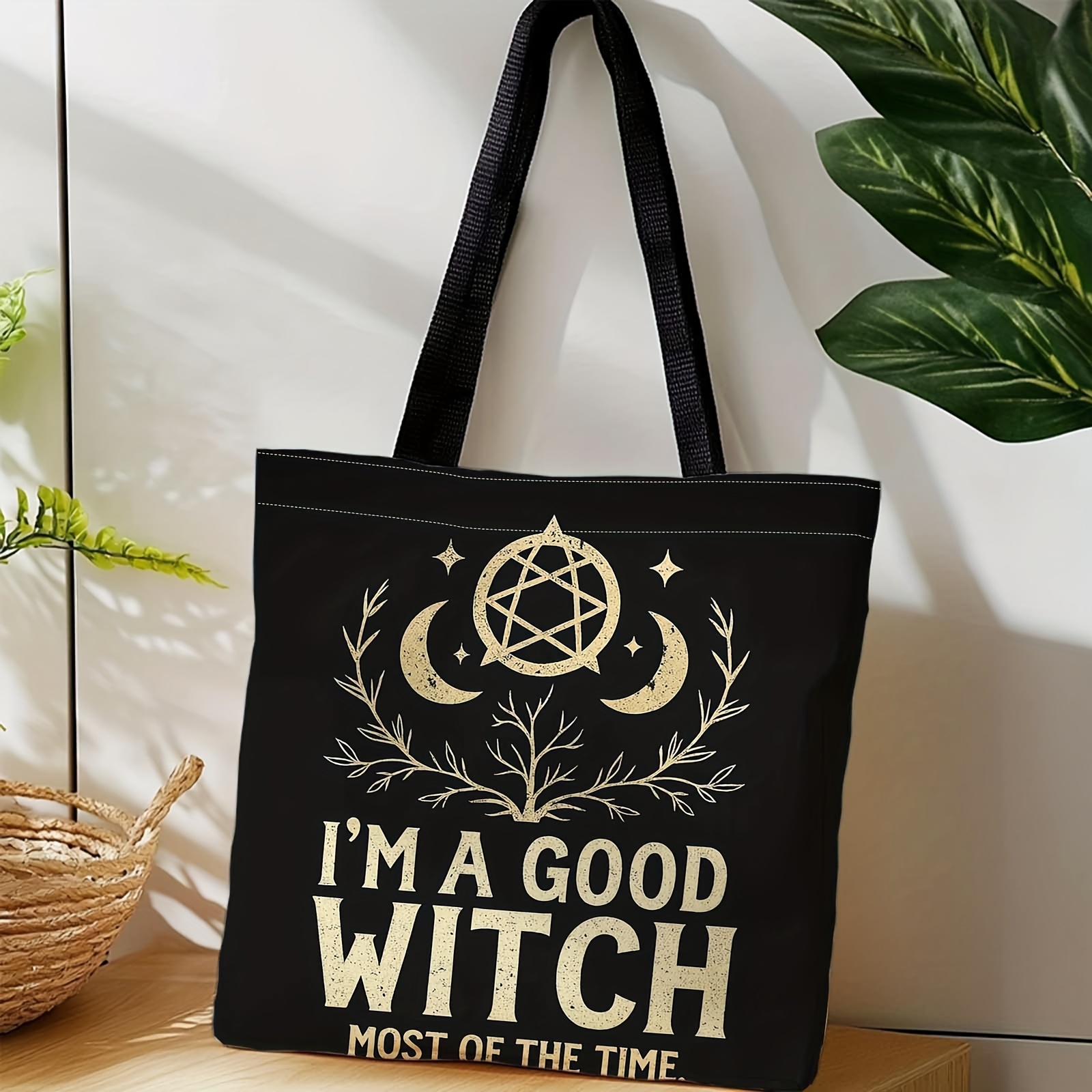 TEMU Bolso Tote Wiccan para Mujer con Estampado de Bruja , y de la Luna - Bolso Casual y Plegable Ideal para , Playa, Picnic - Bolso Temático Wiccan