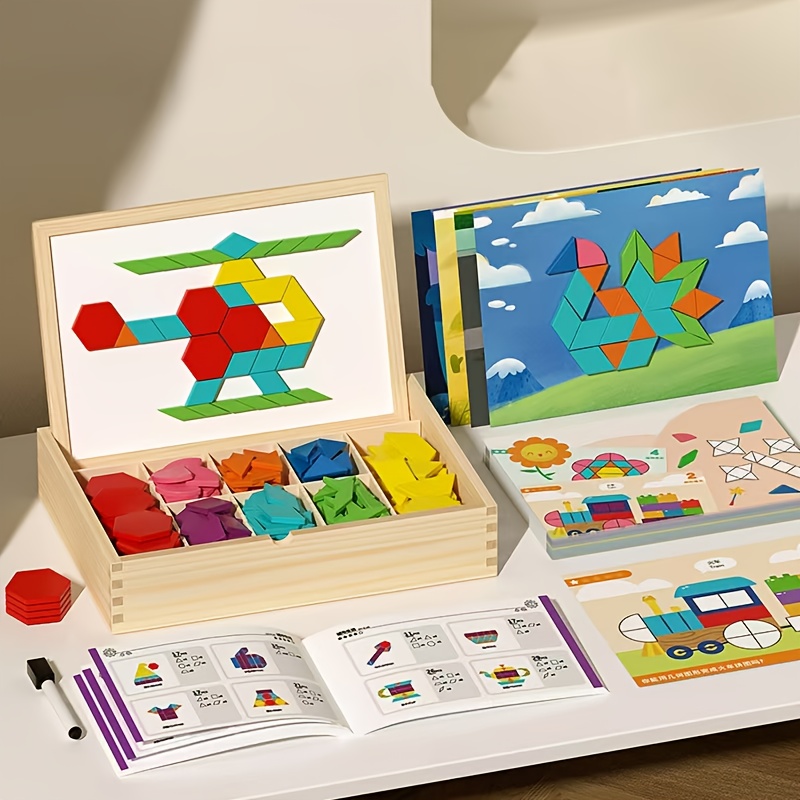 TEMU 280pcs Creative Diy Wooden Magnetic Puzzles, Parent-child , Puzzle Toys, Geometric Block Puzzles, Shape And Color Recognition, Hand Eye