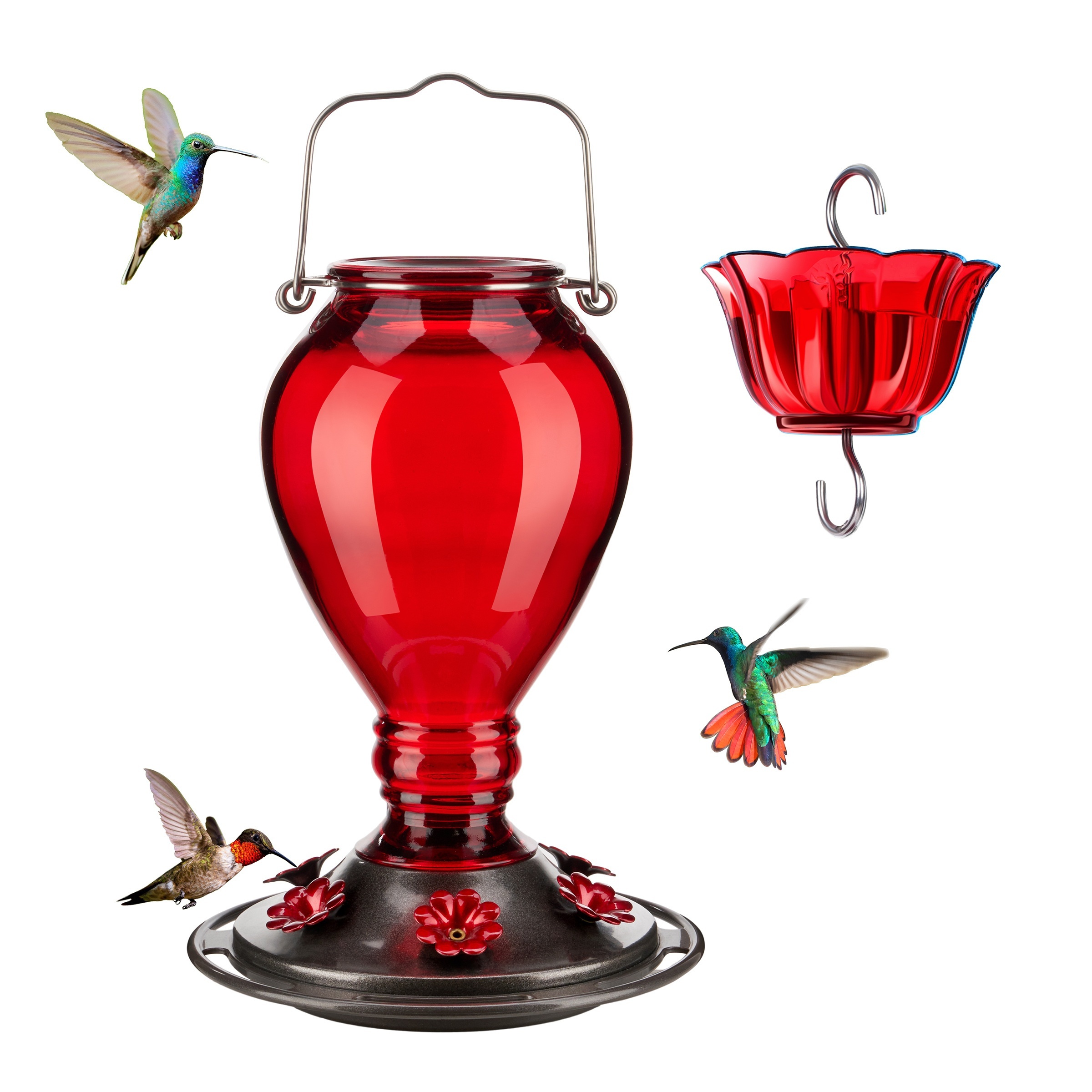 

Kingsyard Glass Hummingbird Feeder - 6 Feeding Ports & Ant Moat, 24 Oz Leak Proof, Wild Bird Feeder For Outdoors Hanging, Easy To Clean & Refill, Garden Yard Decor