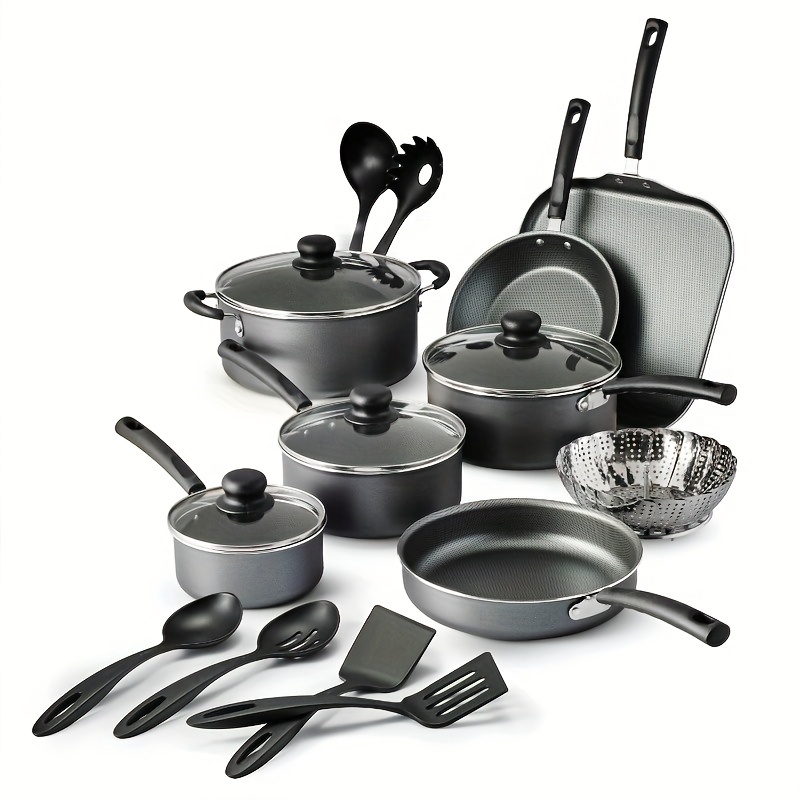 18 Piece Nonstick Cookware Set - 8in Pan, 9in Deep Pan, 11in Griddle, 1, 2, 3 Qt Saucepan with Lid, 4 Qt Dutch Oven with Lid, Steamer & 6 Utensils - Dishwasher Safe, Compatible with Gas, Electric & Ceramic Glass Cooktops - Home & Kitchen