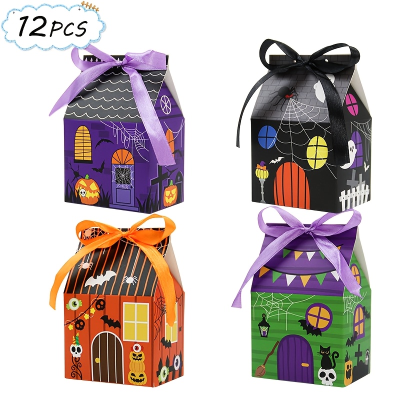 Image of 12pcs For Halloween Haunted House Gift Boxes With Satin Ribbon, For Halloween Paper Party Favor Boxes, Cute For Halloween For Halloween Birthday Party Decor, For Halloween Tabletop Ornament Supplies