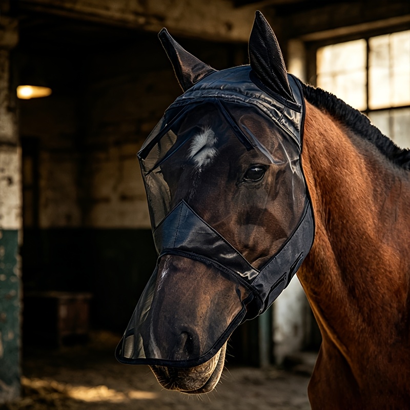 TEMU Horse Fly Mask With Ears & Nose Cover, Breathable Mesh Uv Protection, Soft Fabric With Adjustable, Anti-mosquito Equine Face Mask