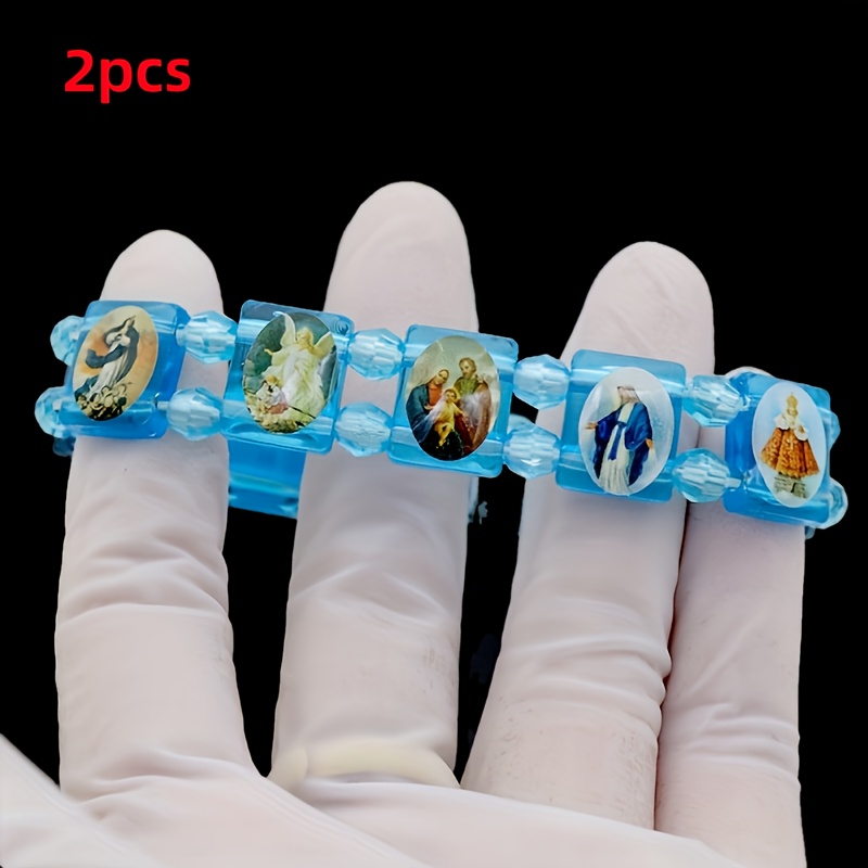 E-shop 2er-Pack 4-Farben (Leuchtendes Grün, Smaragdgrün, Weiß, ) mit Maria und Jesus Christus Muster Elastische Armbänder, Perfektes Geschenk für