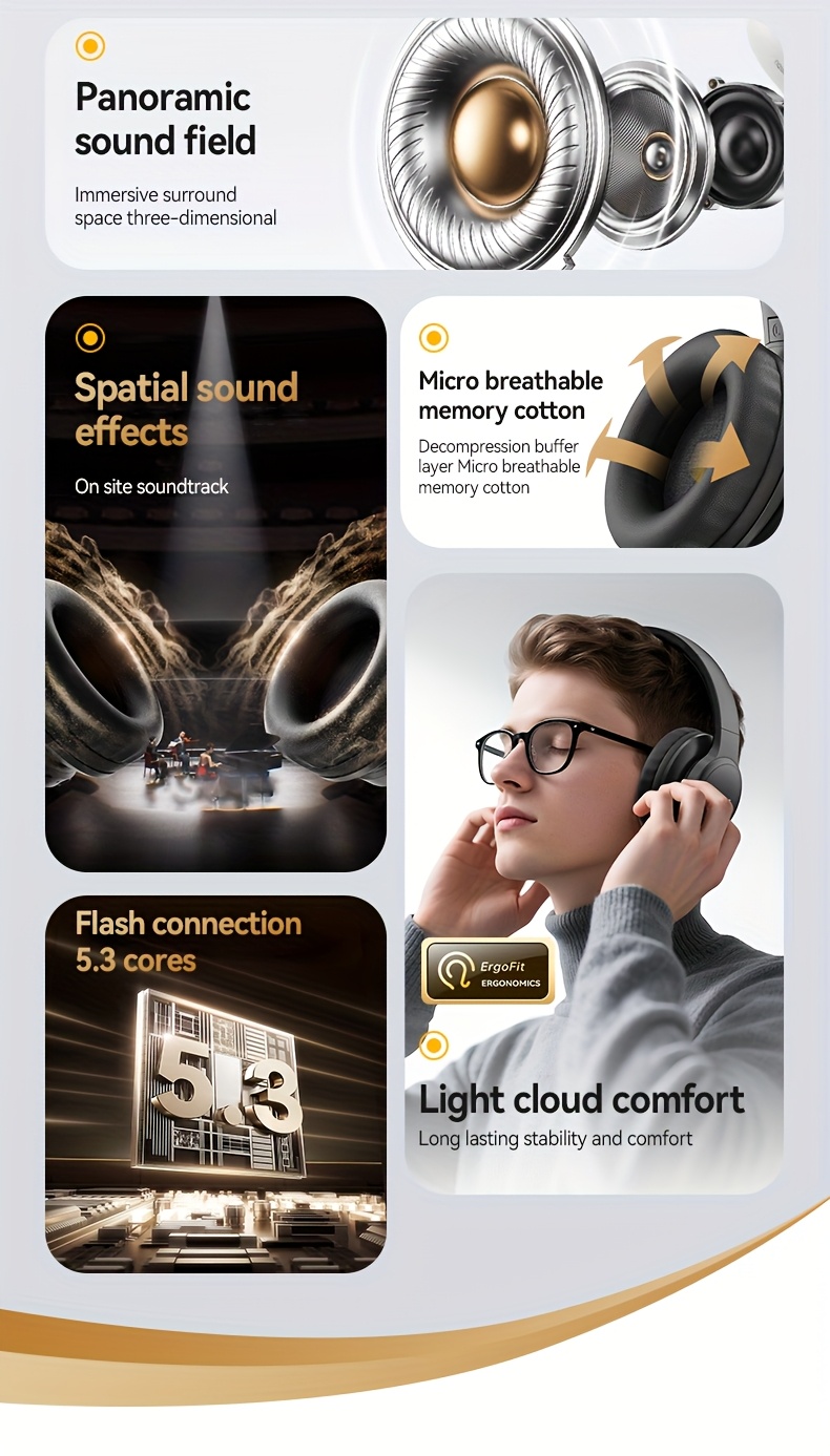 Casque sans fil supra-auriculaire amélioré avec son amélioré en basses, conception pliable légère avec microphone intégré. Inclut un câble audio de 3,5 mm