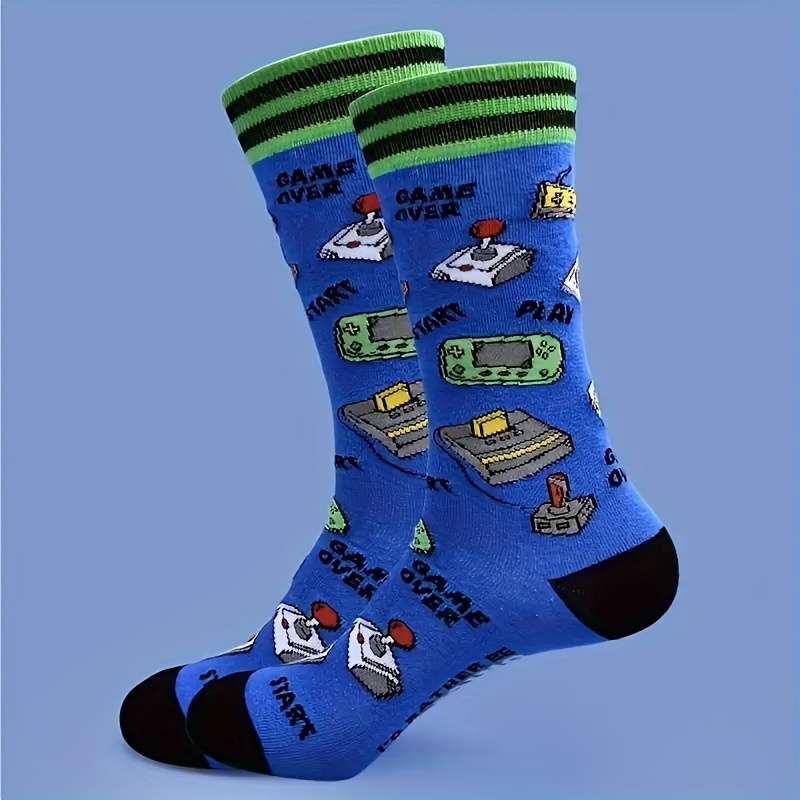 TEMU 1 Pair Of Vibrant Cartoon Gaming Console Pattern Crew Socks - "game Over" Blue With Retro , Comfy Polyester Blend, Machine Washable For Wear, Cute Socks