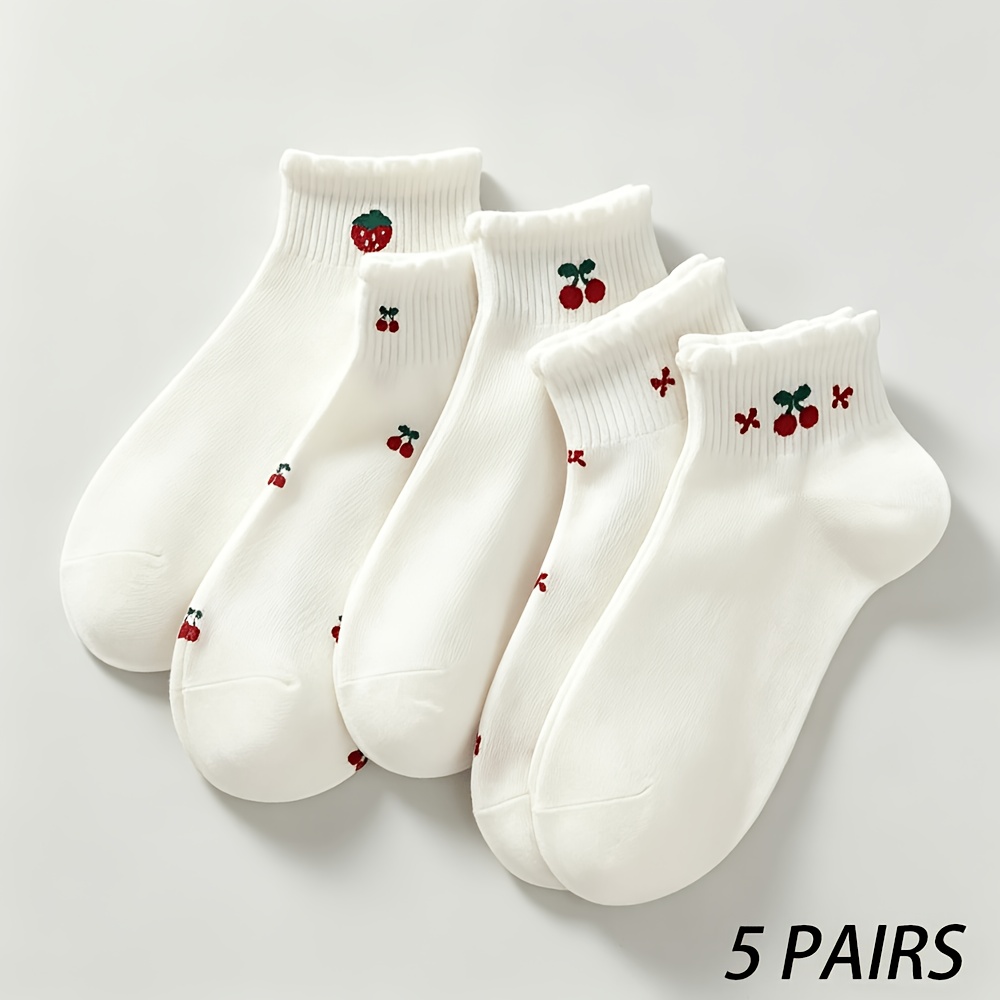 TEMU Strawberry Cherry Socks 5-pair Pack, Strawberry Cherry Fun Athletic Socks, Breathable Sweet Fresh, Suitable For Daily Wear