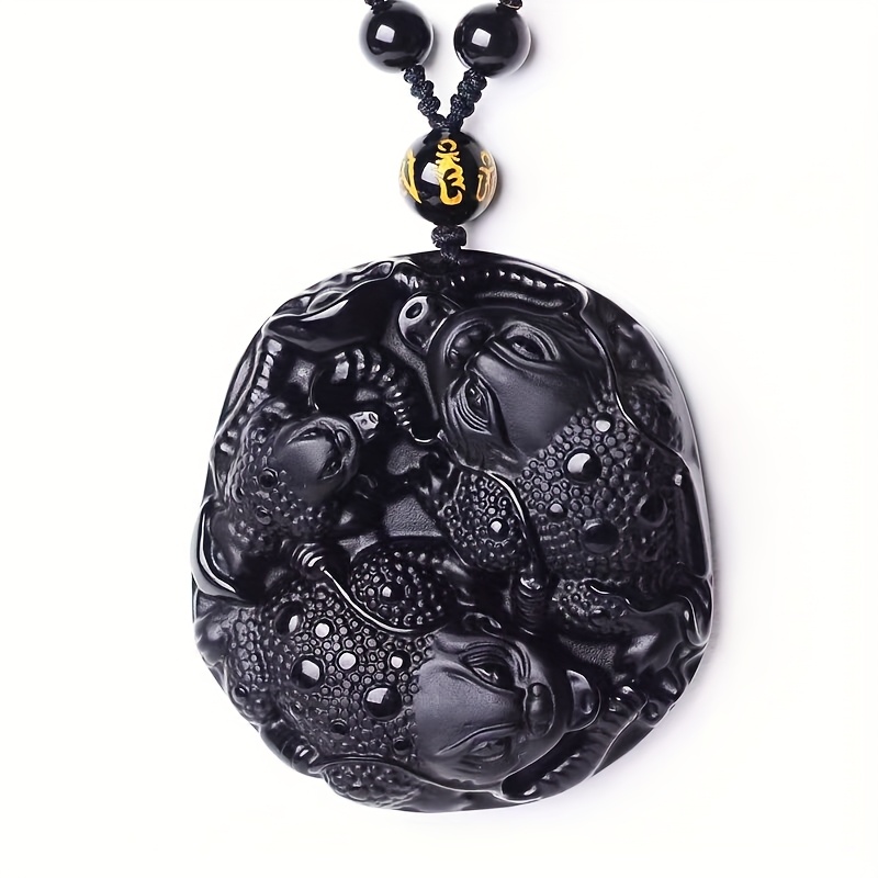 Exquisite Hand-Carved Obsidian Toad Pendant Necklace