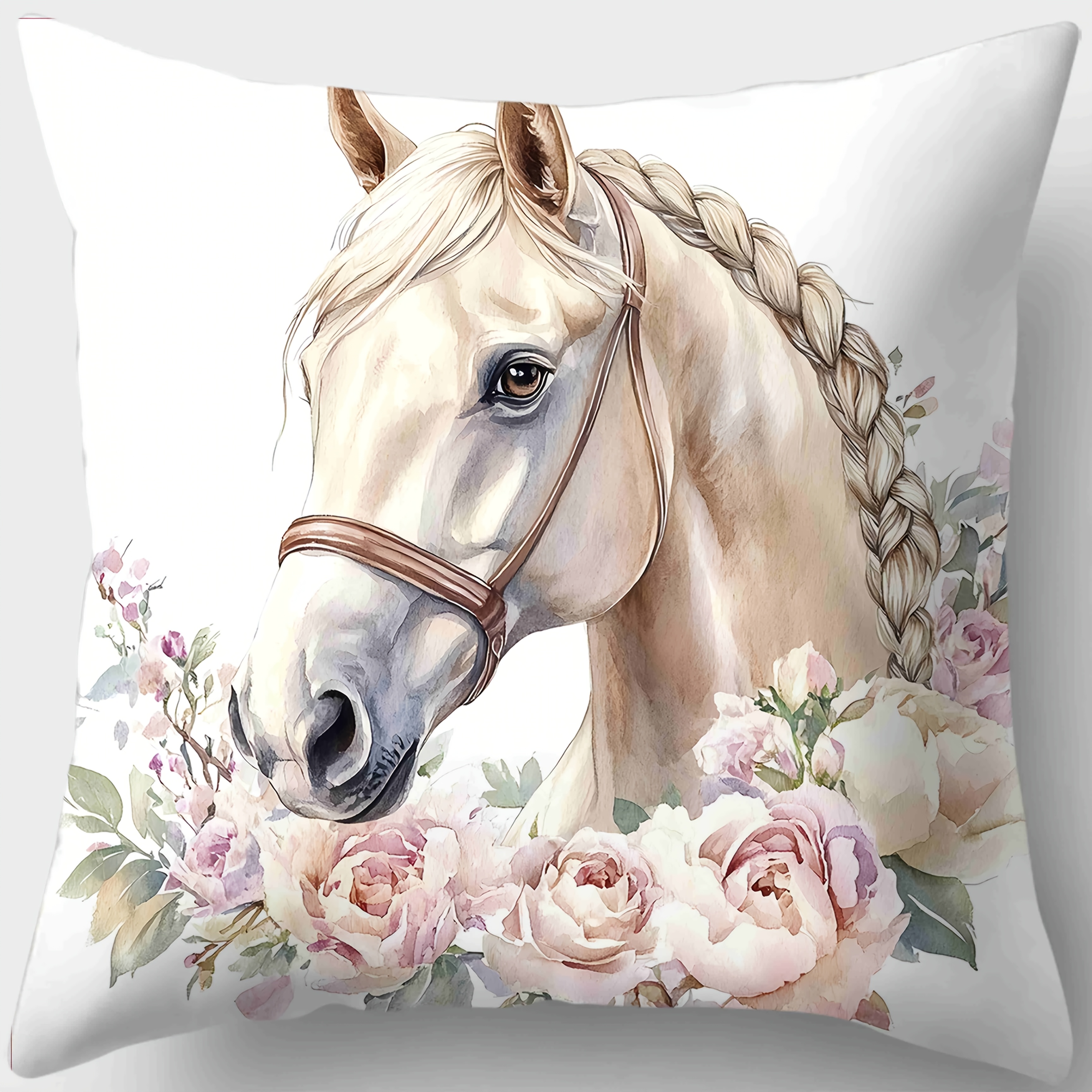 TEMU 1pc Elegante Paard- en Bloemenprint Gooi Kussen Cover, 17,72" x 17,72", Zachte Polyester, Ritssluiting, Machine Wasbaar - Ideaal voor Home Sofa
