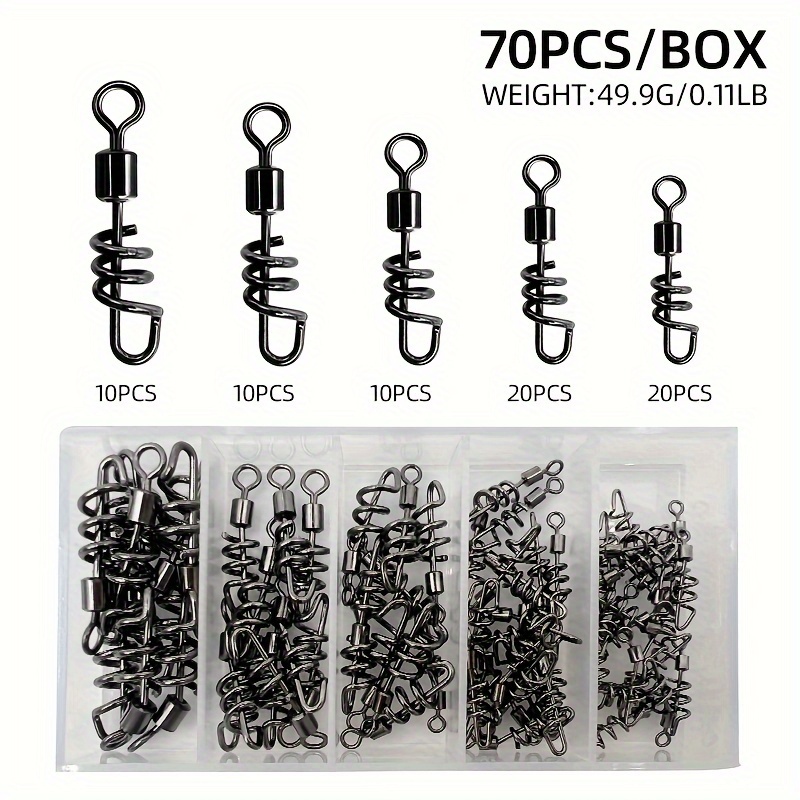 Image of 70pcs Per Box Of Quick-release Fishing Swivels, Featuring Black Rolling Connectors, Suitable For Saltwater Fishing With Corkscrew Snap Swivels