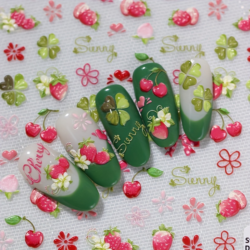 

1pc Strawberry & Floral Nail Art Stickers - Self-adhesive With Clover, Hearts, Flowers & Designs - High-gloss, Embellished Look For Diy Women's