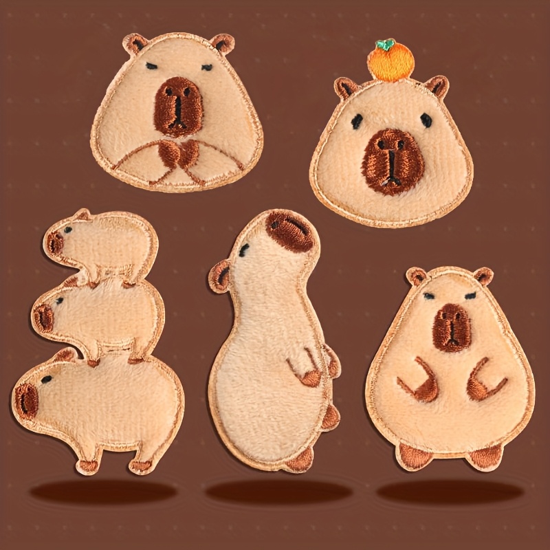 Image of 5pcs Assorted Plush Water Pig Capybara Patches, Clothing Bag Packaging Accessory Patches