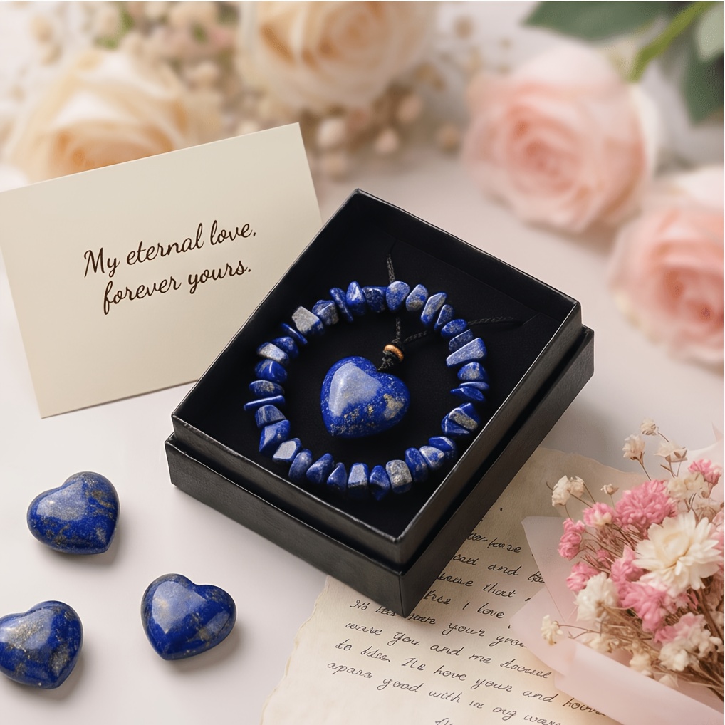 TEMU Ensemble de 3 pièces : Collier cœur en lapis- et bracelet de avec , artisanat en lapis- naturel, bleu avec des points dorés, symbolisant la