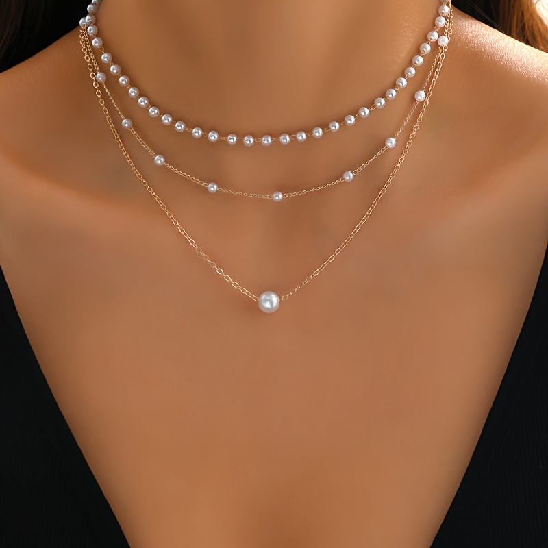 1pc elegant multi layer faux pearl necklace vintage style clavicle chain pendant versatile fashion accessory for women daily wear jewelry details 3