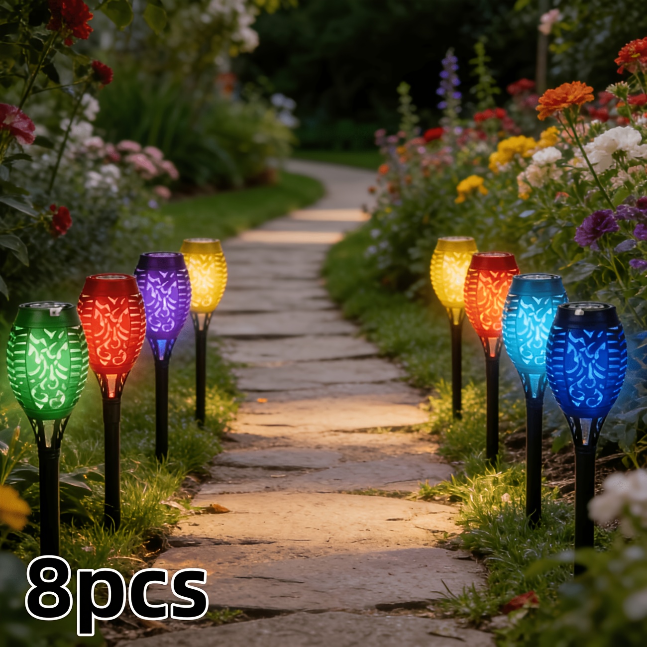 TEMU 8pcs Solar-powered Led Color-changing Firework Torch Set, Solar-charged, Ip55, Perfect For Ambiance In Patios, Gardens, And Outdoor
