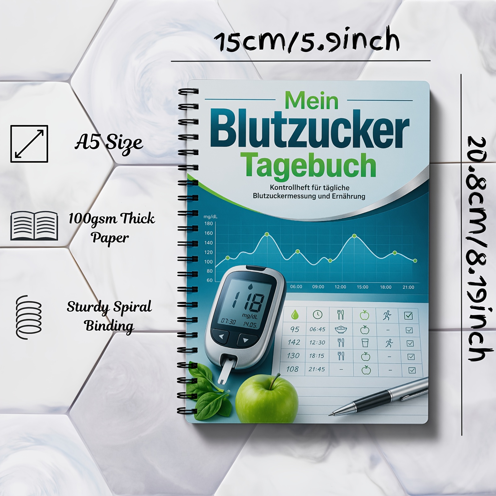 Image of German Edition Blood Sugar Record Book Spiral Notebook|a5| Daily Level Tracking And Values Management , Practical Gift For Seniors, Daily Users And Families