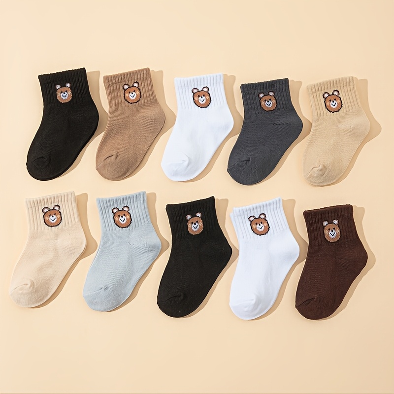 Image of 10 Pairs Cute Bear Casual Short Stretch Mid-calf Socks, Baby Socks Suitable For Newborns Toddlers Boys Girls Infant Socks, , Fall And Winter Clothes