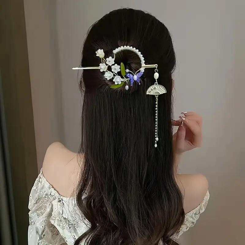 elegant chinese style floral hairpin with tassel elegant hair accessory for women traditional cheongsam and hanfu outfits pearl and leaf design hair accessories for women cheongsam hairstyle cheongsam style intricate   Product details 5