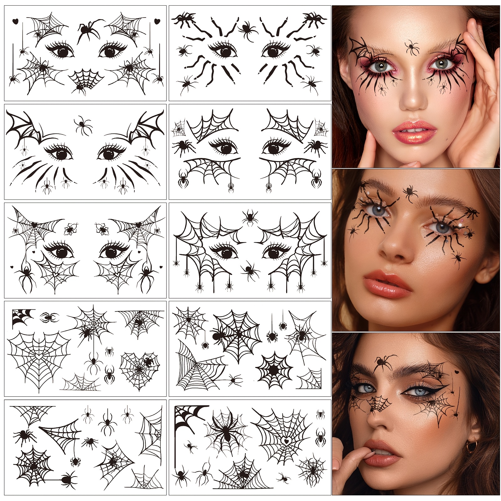 Image of 10pcs Halloween Series Temporary Tattoo Stickers, Face Tattoos, Black And Web Patterns, Artistic Face And Eye Corner Fake Tattoo Stickers, Waterproof And Realistic, Suitable For Halloween Party Makeup