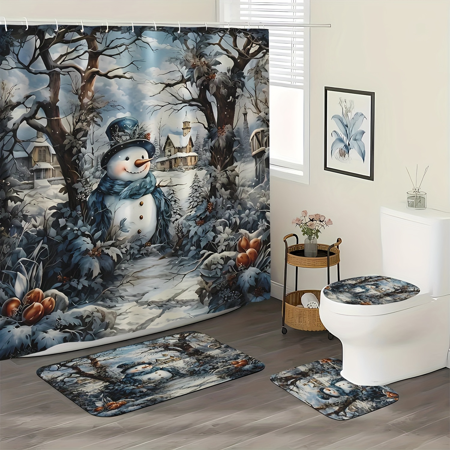 

A Set Of Christmas Snowman Shower Curtain Set, Including -slip Carpet, And Bath Mat - Polyester , Printed Snowman And , Including 12 , , Suitable For Bathroom Decoration