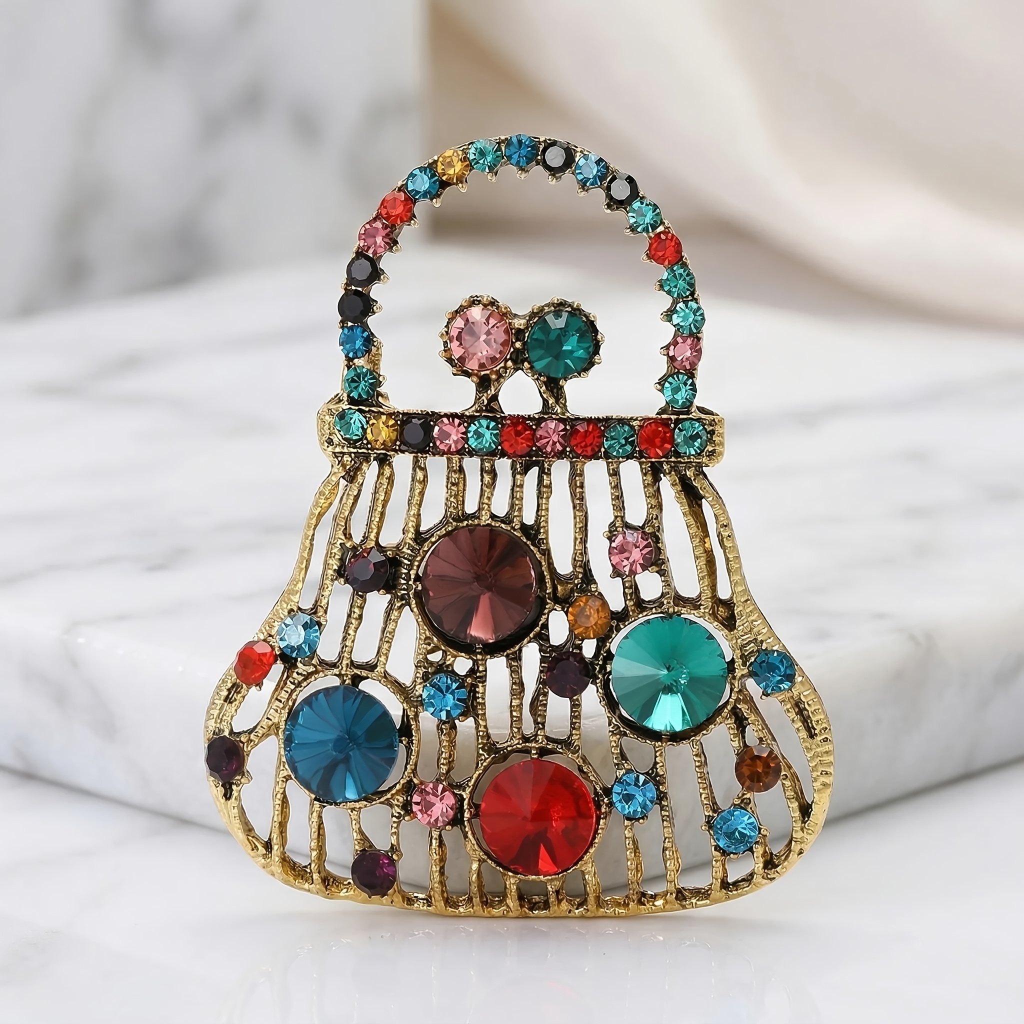 TEMU Vintage Colored Rhinestone Handbag Pin, Hollow Basket Shaped Pin, Mid-century Vintage Style Rhinestone Pin, Suit Sweater Decorative Accessory,