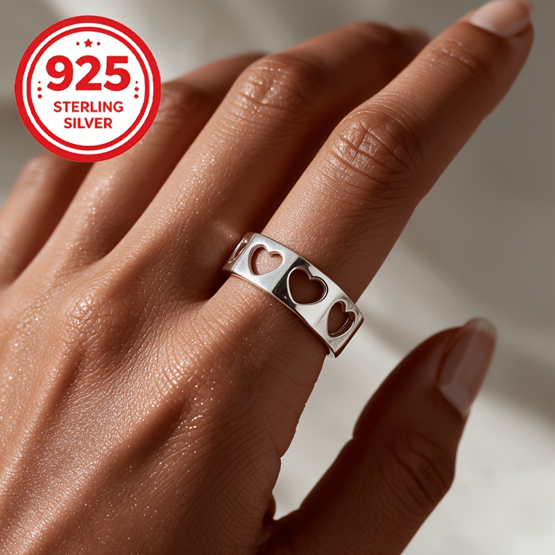 925 Silver Hollow Heart Geometric Adjustable Ring, Gift for Couples