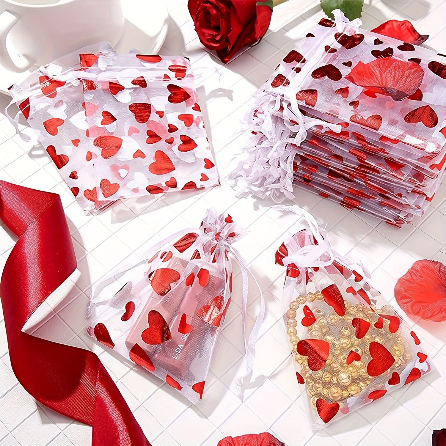 

25/60pcs Red Heart-shaped Candy Gift Bag, Jewelry Wrap String Bag 10 X 8cm, Suitable For Valentine's Day, Wedding Party Supplies, Birthday Gifts