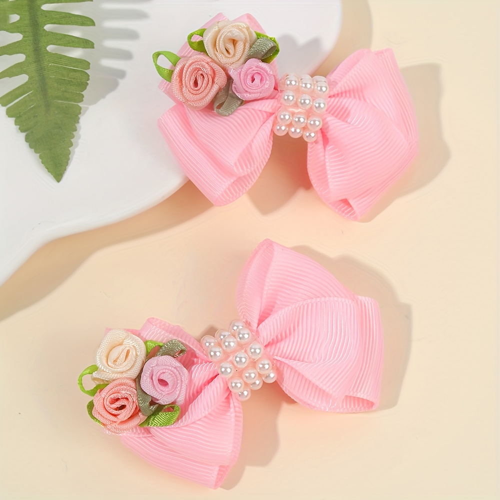 

Elegant Flower Bow Hair Clips For Girls: Faux Pearl Decorated Rose Hair Bow Clips - Cute Hair Accessories For Little Girls, Perfect For Parties And Festive Occasions