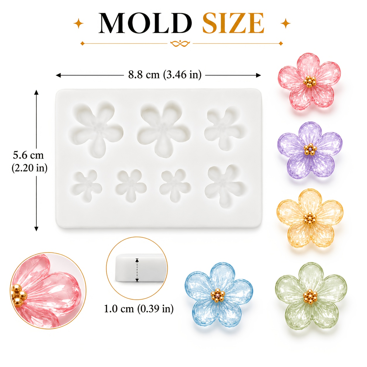 TEMU Stampo in silicone 2D piatto - 7 cavit� a forma di fiori di ciliegio per resina, stampo piatto posteriore a 5 petali per creazione di gioielli,
