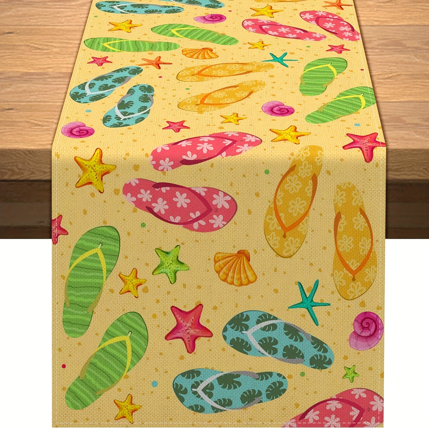 

1pc Summer Flip Flop Table Runner, Long Beach Hawaiian Party Decorations, Starfish Shell Slipper Home Kitchen Dining Room Decor, Home Party Indoor Decor, Home Dustproof Stuff