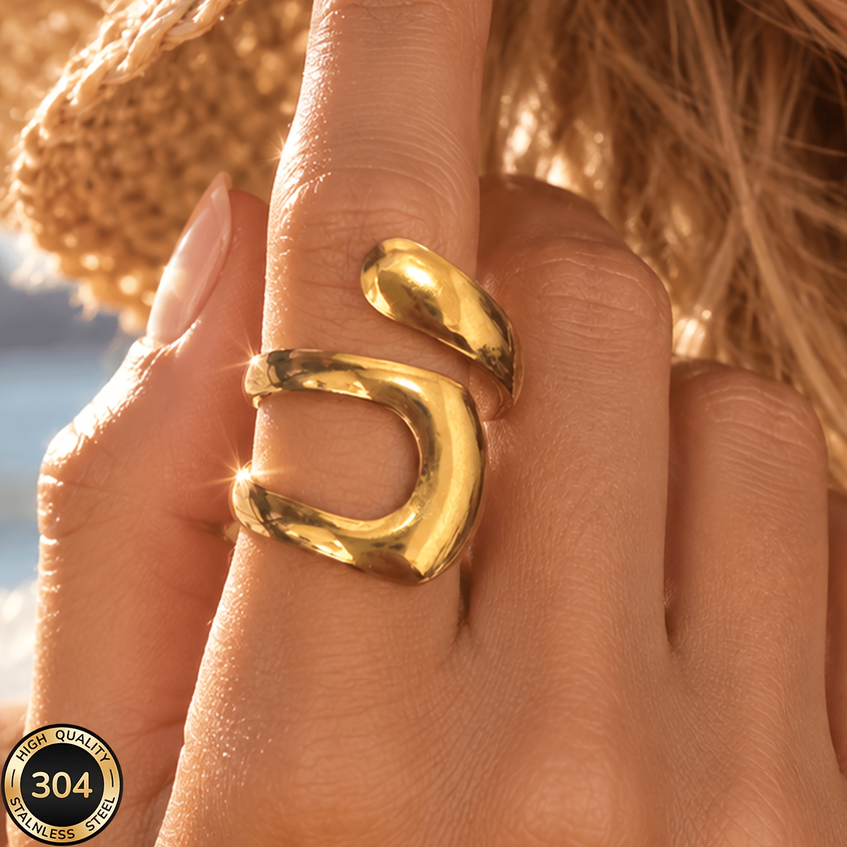 18K Gold-Plated Stainless Steel Open-End Ring, Delicate Style