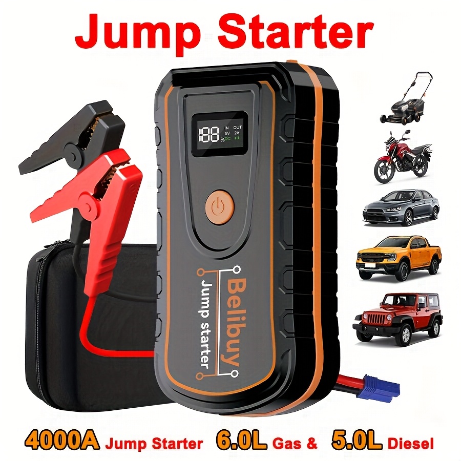 TEMU Démarreur de voiture haute puissance | Démarreur de voiture d'urgence portable avancé - Puissante batterie rechargeable 6000Mah, chargement USB,