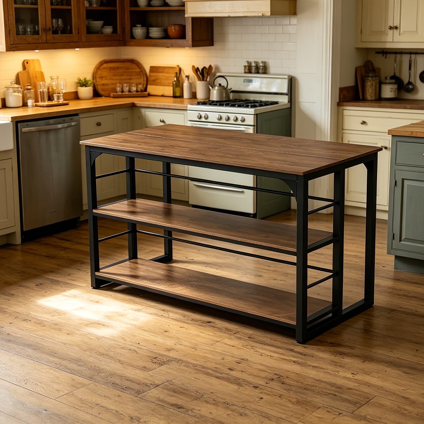 62.99-Inch Kitchen Island with Storage, 3-Tier Solid Wood Island Table with Open Shelves, Large Prep Table for Kitchen Dining Room, Rustic Brown