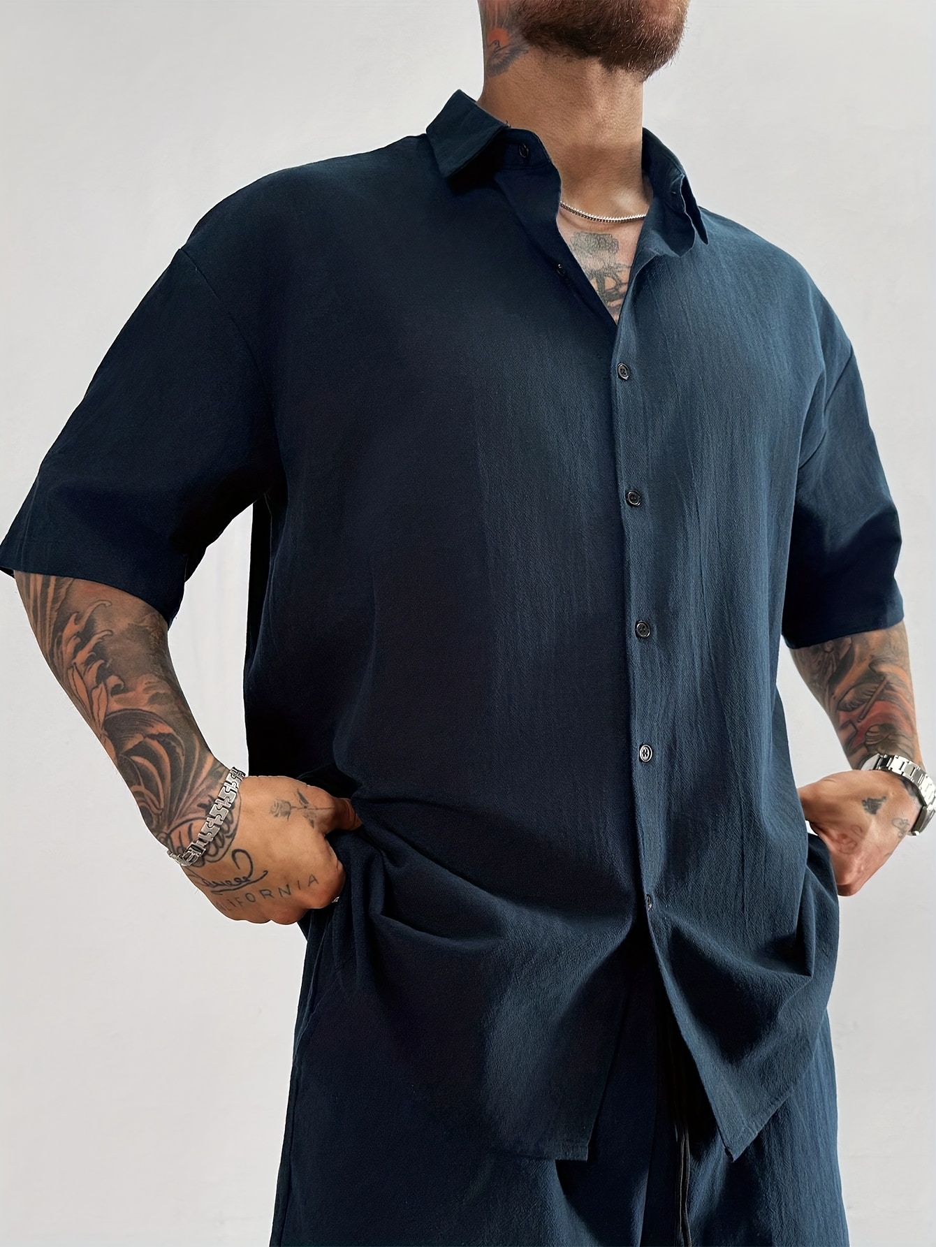 mens drop shoulder shirt 100 short sleeve shirt solid color - Temu Oman
