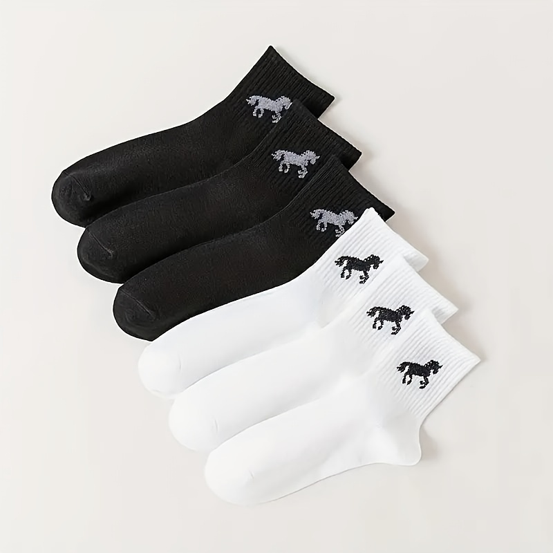 

6 paires de chaussettes pour femmes à motif cheval, 95 % polyester 5 % élasthanne, tissu tricoté, motif animal, 300 g/m², lavables en machine