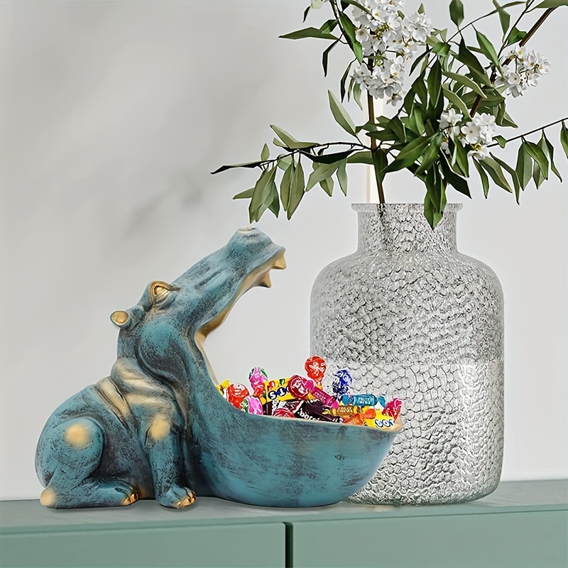 

Charming Hippo Statue With Large Mouth - Resin Fruit Tray & Key Bowl, Perfect For Outdoor Decor And Storage