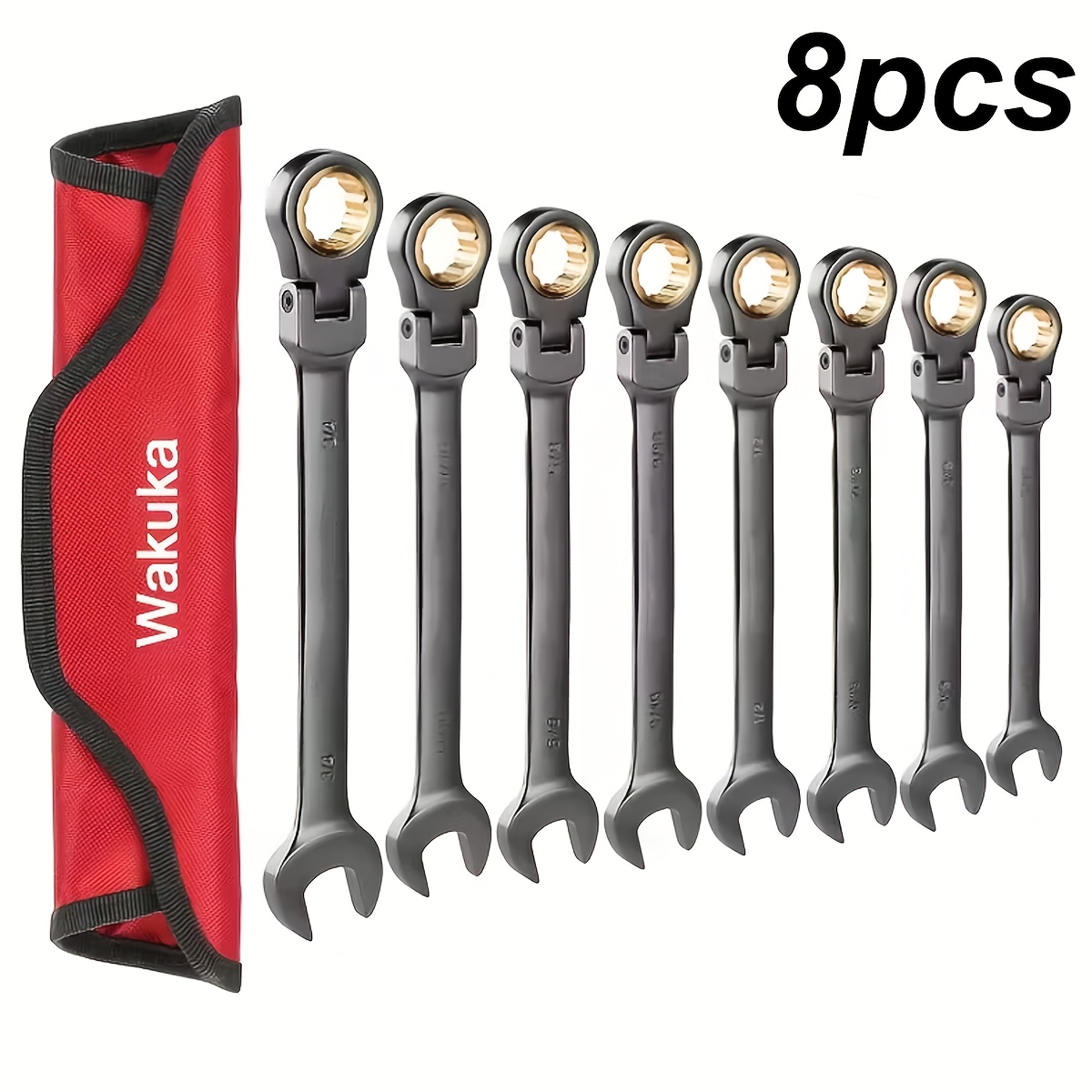 TEMU Pmmj 8pcs Set Of Elastic Head Ratchet Combination Wrench Set, Sandblasted Adjustable Head Wrench Set, 5/16-3/4 Inches, 72 Teeth, Structure, With
