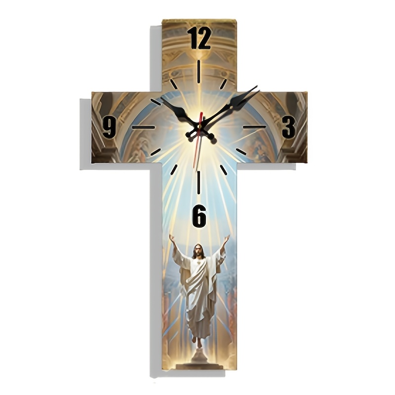 Image of 1pc Irregular Wall-mounted Clock, Christian Living Room Bedroom Wall Clock, Silent Quartz Irregular Wood Clock, Religious Faith Home Decor Clock, Aa Battery (battery Not Included)