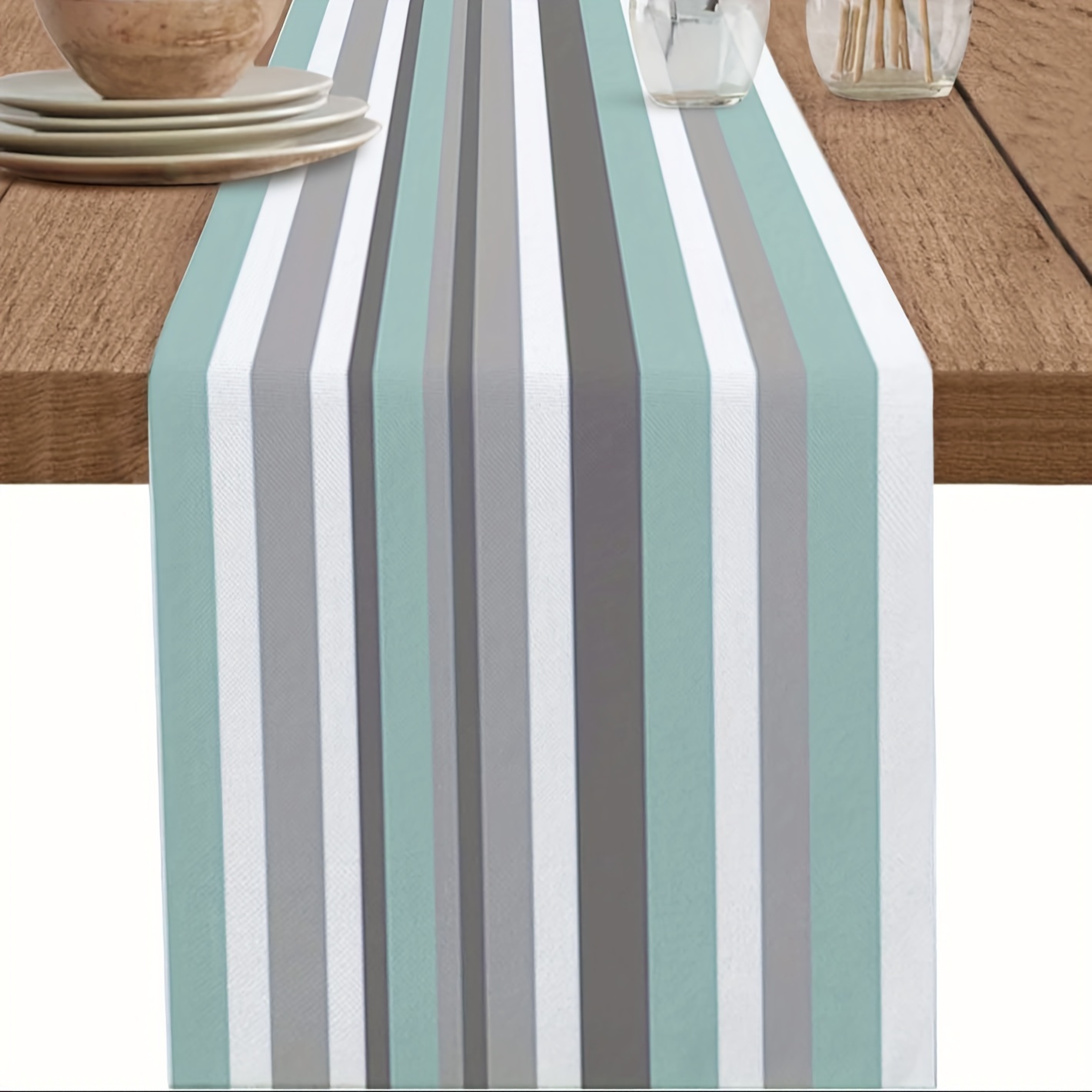 

1pc, Table Runner, Minimalist Style Stripe Linen Table Runner, Geometric Printed Table Runner, Teal Grey White Striped Dresser Scarf, Washable Kitchen Dinning Table Decor For Indoor, Party Decor