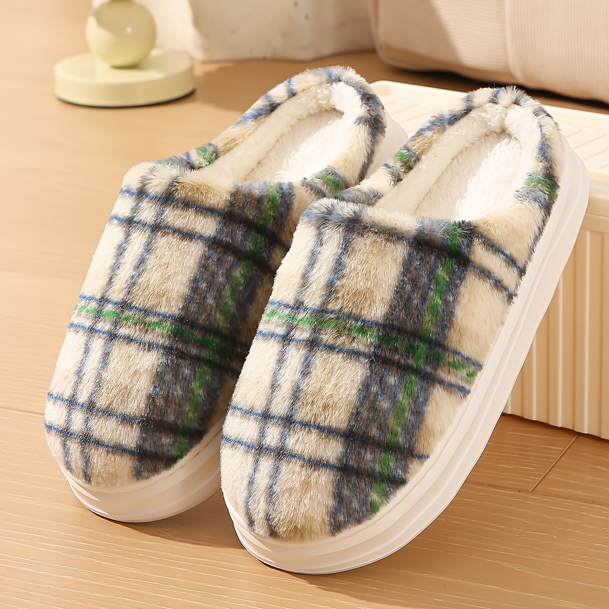 TEMU New Autumn Winter Women's Slippers Home Daily Casual Checkered Pattern Couple Shoes Anti-slip Wear-resistant Shoes, Women Shoes