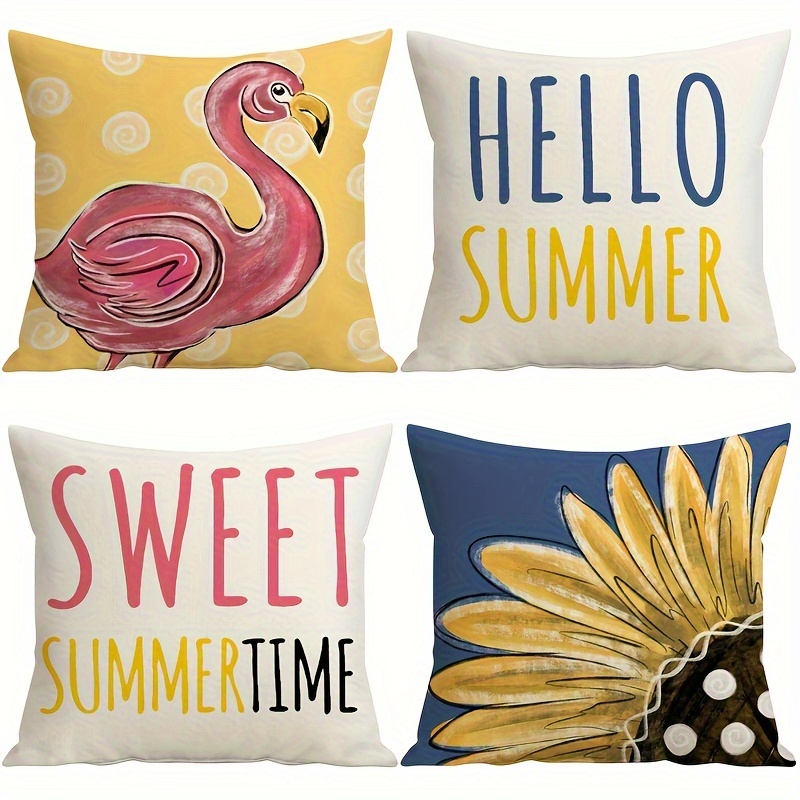 

4pcs Summer Pillow Covers 18x18 Inch Flamingo Sunflower Throw Pillow Covers Polka Dots Hello Summer Decorations Sweet Summer Time Cushion Covers For Sofa Couch