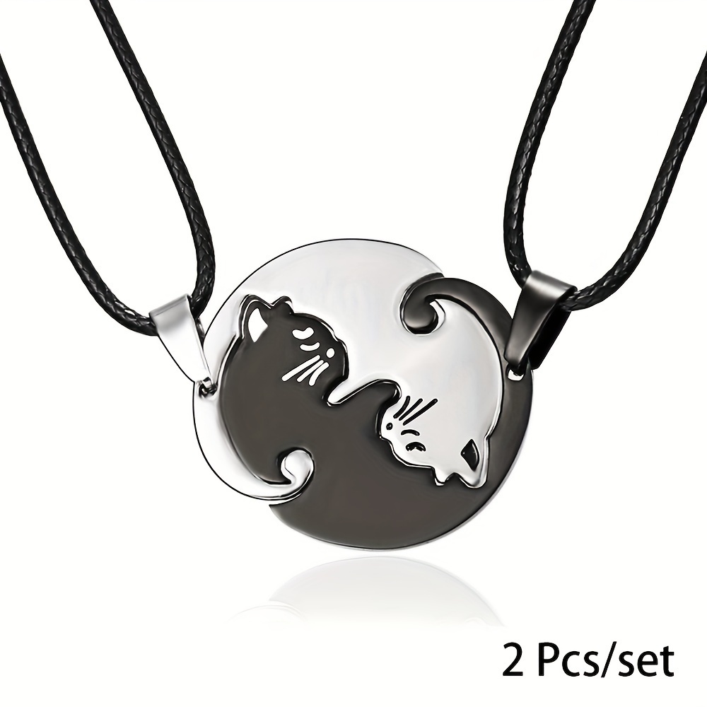 2pcs/set Stainless Steel Cat Pendant Necklaces, Black &, Cute Animal Charm, Pu Rope Chain, Trendy Choker Jewelry For , Women's Fashion, Daily Wear & Gift, Unisex