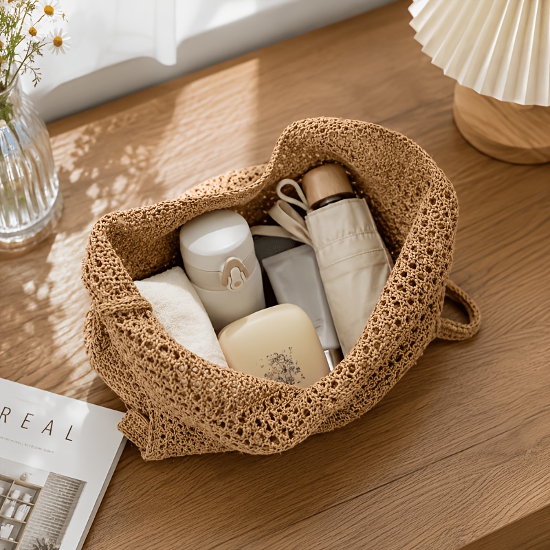 TEMU Hollow Tote Bag - Soft Summer Beach Bag With Wide Crochet Strap And Lazy , Lightweight And Breathable Shoulder Bag For Commuting And Vacation,