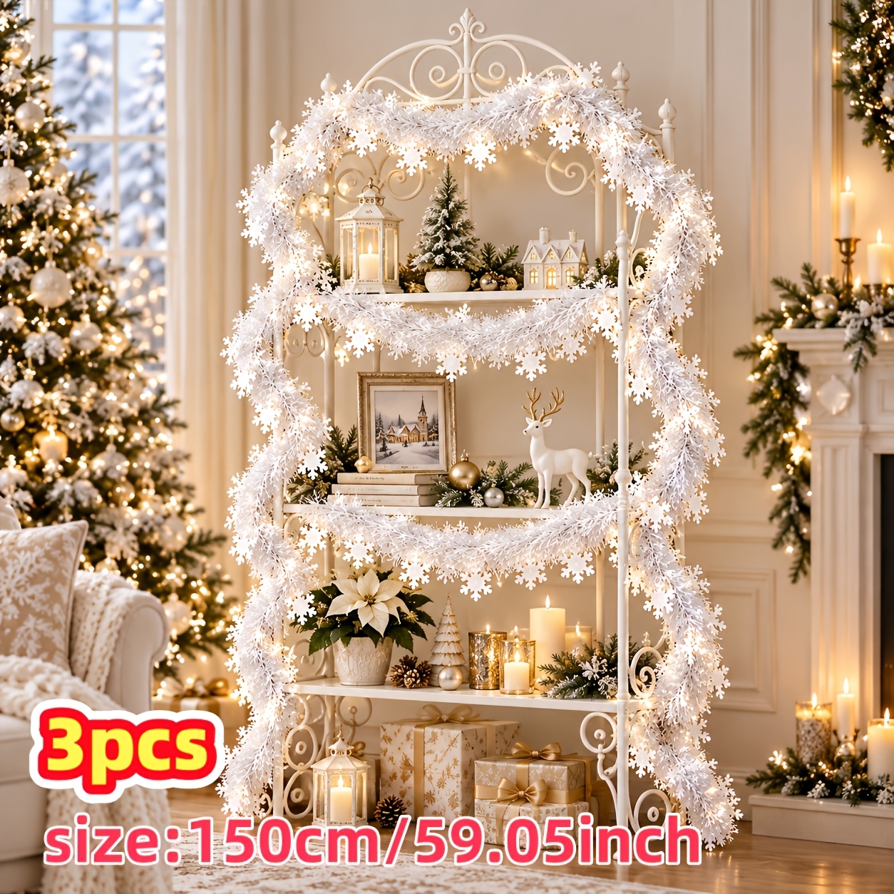 TEMU Set van 3 stuks 59,05-inch kersthangdecoraties van metallic folie, glanzende witte metallic folie met sneeuwvlok-elementen, pluizig en opvallend