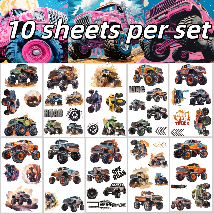 Image of 10-sheet Classic Off-road Vehicle Car Party Temporary Tattoos, Wild Off-road Vehicle Flame Car , Suitable For Holiday Parties, Christmas And New Year's Gifts, For Birthday Presents