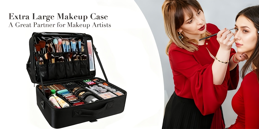 Makeup Case Professional Train Case Large Makeup Bag, Travel Cosmetic Organizer Brush Holder Makeup Artist Storage Box, for Cosmetics Makeup Brushes Toiletry Jewelry Digital Accessories, 15.8 Inches, with Adjustable Dividers and Shoulder Strap 8 Makeup Case, Professional Train Case Large Makeup Bag, Travel Cosmetic Organizer Brush Holder Makeup Artist Storage Box, for Cosmetics Makeup Brushes Toiletry Jewelry Digital Accessories, 15.8 Inches, with Adjustable Dividers and Shoulder Strap