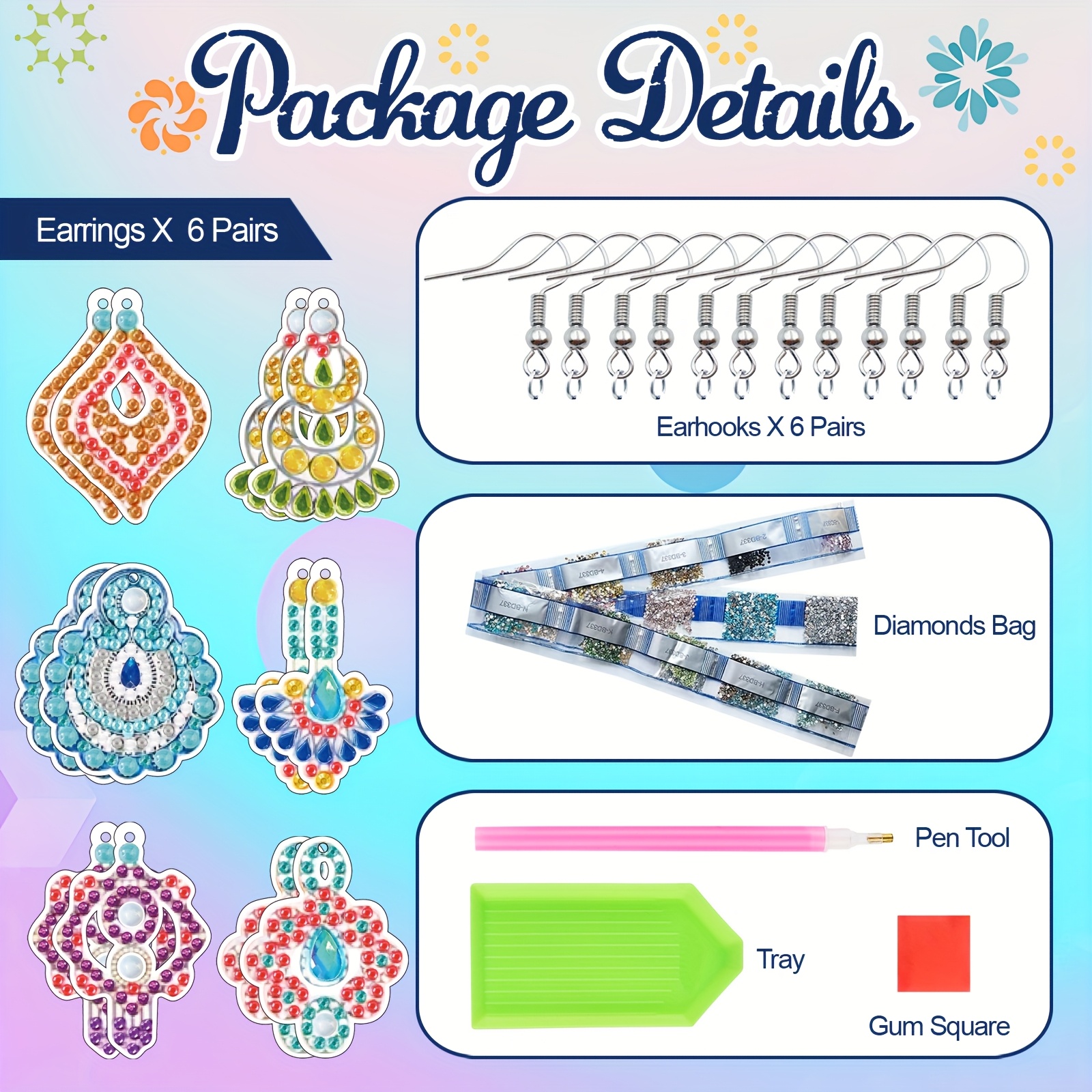 12pcs 2D Flat Printing Diamond Art Earring Set, Fashionable DIY Kit
