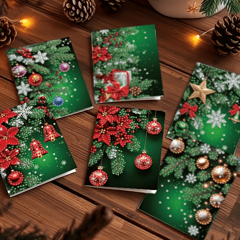 TEMU Hot New 6pcs 2d Flat Diamond Painting Greeting Cards - Winter Pine Branch Greeting Cards, Design. Round Rhinestone Irregular Diamond Painting
