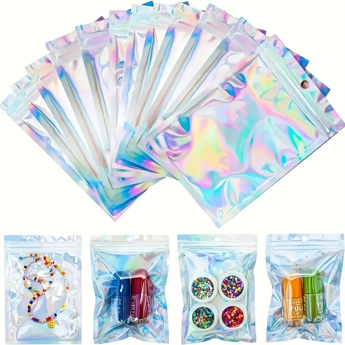 

100-pack Holographic Zipper Bags, Thickened Laser-designed Poly Pouches For Jewelry Display, Nail Art, Cosmetic Packaging - Casual Style Rainbow Pouches With Sealing For Beaded Storage And More