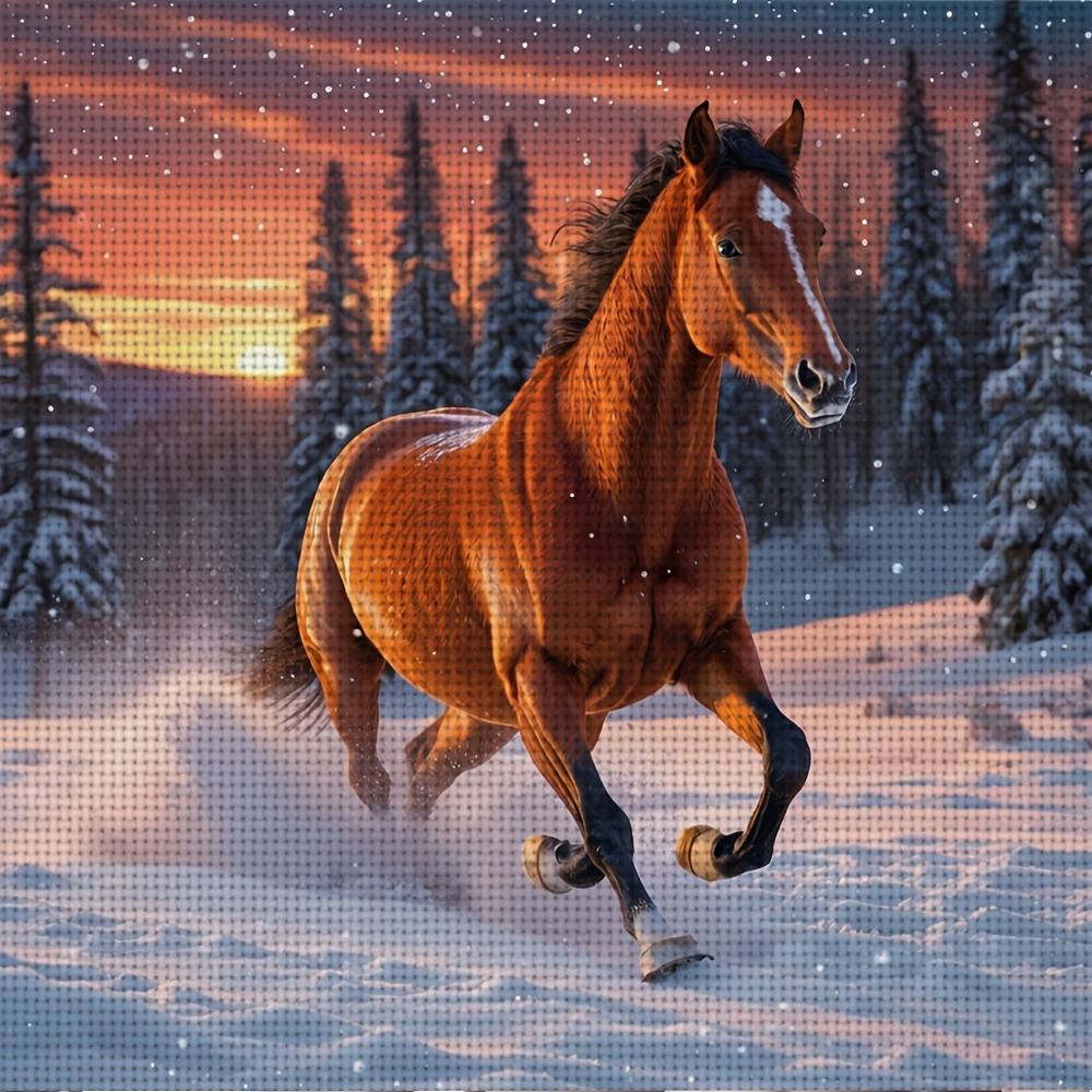 Stitch Print Set, Frameless Galloping Horses in Snowy Sunset Pattern