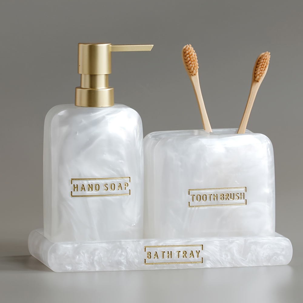 

Transparent Pearl Cream Resin Bathroom Accessories Sets Soap Liquid Lotion Dispenser Bottle Toothbrush Holder Tray